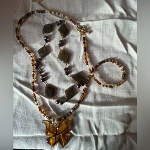 Lot of 2 Hippie Boho Handblown Glass Crystal Labradorite Necklaces